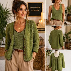 Crazy Horse Collection L Green Knit Tank Cardigan Set Textured Cozy Quiet Luxury